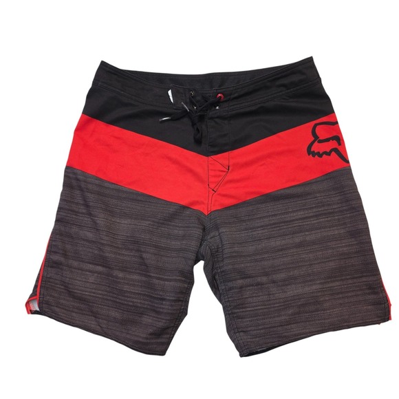Fox Racing Board Shorts Mens Red Black Stripe Swim Trunks Drawstring Casual - Picture 1 of 7